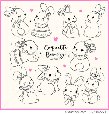Coquette Bunny with Bow Whimsical Hand Drawn Doodle Outline Set 123102271