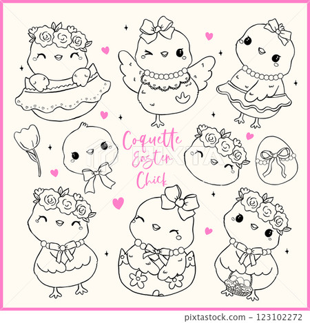 Coquette Easter baby Chicken with Bow and Egg, Whimsical Cartoon Hand Drawn Doodle Outline Set 123102272