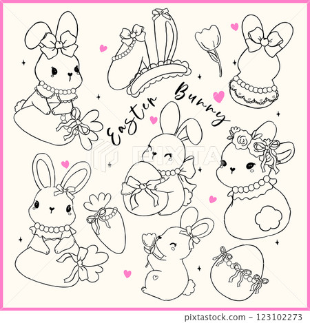Coquette Easter Bunny with Bow and Egg, Whimsical Cartoon Hand Drawn Doodle Outline Set 123102273