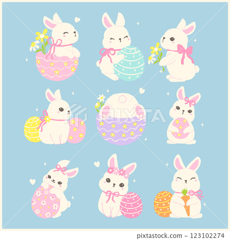 Coquette Easter Bunny with Egg Whimsical Rabbit Cartoon Flat design Set Coquette Easter Bunny with Egg Whimsical Rabbit Cartoon Flat design Set 123102274
