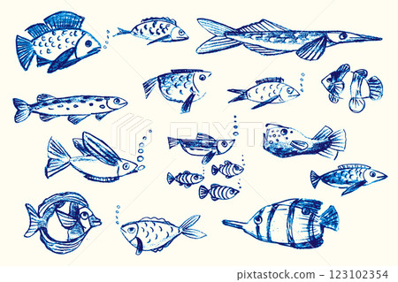 Crayon hand drawn set of various fishes. Doodle shapes. Cute sea pattern. Marine kids school background. Chalk sketch elements on white background. Vector illustrations Crayon hand drawn set of various fishes. Doodle shapes. Cute sea pattern. Marine kids school background. Chalk sketch elements on white background. Vector illustrations 123102354