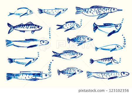 Crayon hand drawn set of various fishes. Doodle shapes. Cute sea pattern. Marine kids school background. Chalk sketch elements on white background. Vector illustrations 123102356