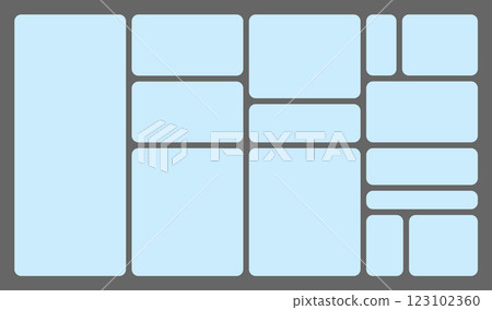 Dimensions 16x9 trendy bento grid layout style brick Ui UX templates. Web comic grids, rounded corners. Different panel layouts with y2k and brutal shapes tiles of different sizes Vector illustration 123102360