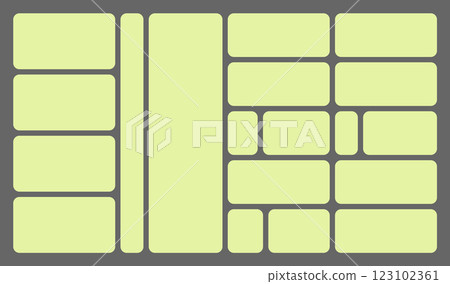 Dimensions 16x9 trendy bento grid layout style brick Ui UX templates. Web comic grids, rounded corners. Different panel layouts with y2k and brutal shapes tiles of different sizes Vector illustration 123102361