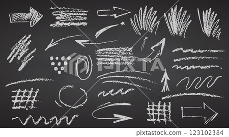 Charcoal pencil hand drawing curly lines, splash, squiggles and shapes. White elements on chalkboard. Grunge chalk crayon scribbles doodles textures. Rough crayon strokes. Vector illustration 123102384