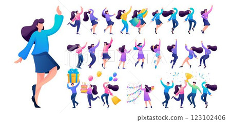 Set of a fun teen girl. Presentation in various in various poses and actions. 2D Flat character vector illustration N5 123102406