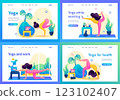 Set of landing pages on the topic of yoga classes at home. Flat 2D landing page 123102407