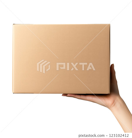 Mockup of hand holding a plain brown box isolated on a transparent background. 123102412