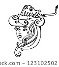 Beautiful woman face with musical instruments in jazz style, hand drawn vector illustration 123102502