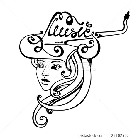 Beautiful woman face with musical instruments in jazz style, hand drawn vector illustration 123102502
