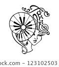 Beautiful woman face with musical instruments in jazz style, hand drawn vector illustration 123102503