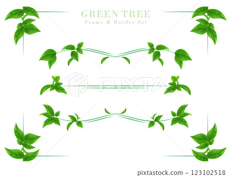 一組綠葉、新鮮的綠色框架和邊框 | 樹葉的逼真向量插圖 | 春夏風景 123102518
