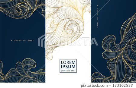 Vector abstract golden wave art deco design, line floral background. Geometric wine, cosmetic product, tea package. Elegant shape. 123102557