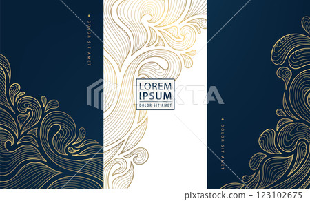 Vector leaf gold flower design, luxury box nature texture, art deco vintage premium ornament, floral label ornament. Product fancy package, royal spa, wine, chocolate, perfume design illustration 123102675