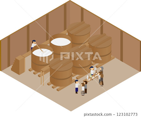 以等距風格展示人們參觀清酒釀酒廠的清酒釀造工廠的插圖 以等距風格展示人們參觀清酒釀酒廠的清酒釀造工廠的插圖 123102773
