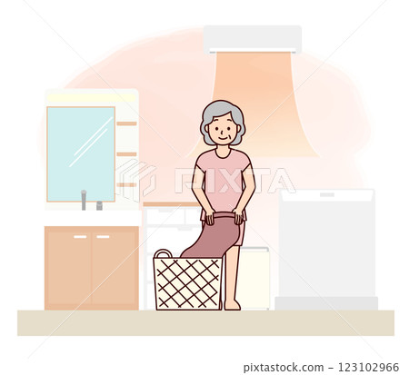 An elderly woman undressing in a warm changing room An elderly woman undressing in a warm changing room 123102966