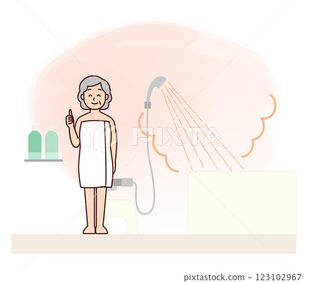Elderly woman in a bathroom with a hot shower 123102967