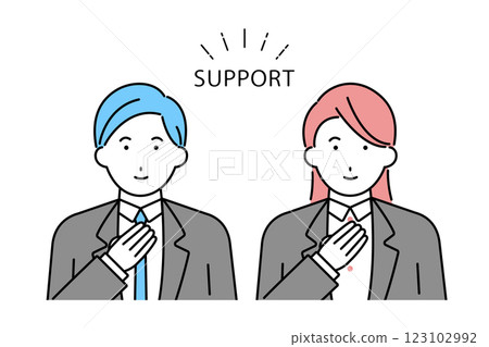 Illustration of a businessman and a businesswoman holding their hands on their chest-Support image Illustration of a businessman and a businesswoman holding their hands on their chest-Support image 123102992