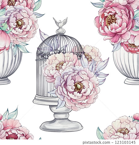 Delicate peonies arranged in stylish vases surround a whimsical birdcage, showcasing a harmonious blend of natures beauty in soft hues seamless pattern, background 123103145