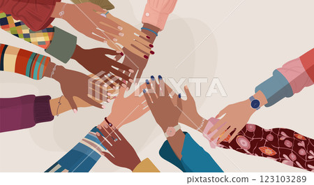 Hands stacked in a circle of group multicultural women. Diversity - inclusion - equality - girl power or empowerment concept. Women s day. Awareness Breast cancer. Banner copy space Hands stacked in a circle of group multicultural women. Diversity - inclusion - equality - girl power or empowerment concept. Women s day. Awareness Breast cancer. Banner copy space 123103289