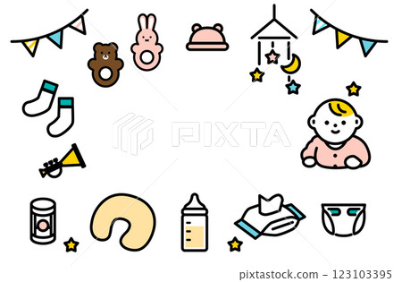 一組可愛的嬰兒用品插圖。複製白色背景的空間 123103395