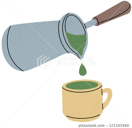 Green tea brewing pot. Hand drawn elements for cafe menu, coffee shop. Vector illustration. 123103560