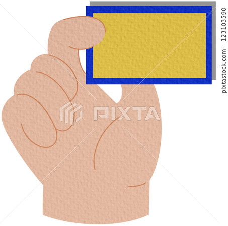 Hand holding a detailed business card with essential contact information. Modern professional exchange. Flat vector illustration. 123103590