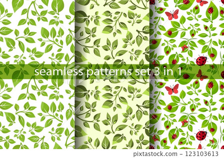 Seamless vector patterns featuring leaves, ladybugs, and butterflies for design projects Seamless vector patterns featuring leaves, ladybugs, and butterflies for design projects 123103613
