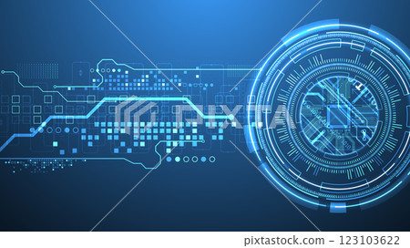 Abstraction on the theme of tech circles. Scientific and technological background. Blue gradient on the background. Abstraction on the theme of tech circles. Scientific and technological background. Blue gradient on the background. 123103622