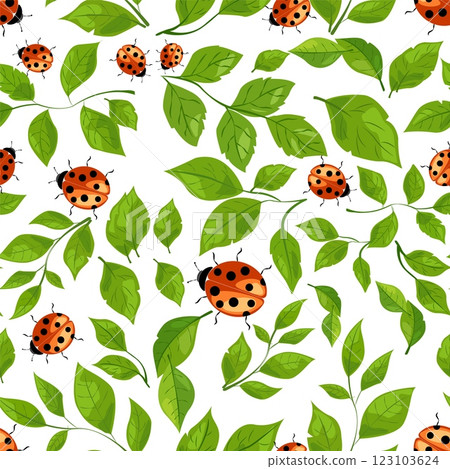 Colorful vector illustration featuring ladybugs among lush green leaves in a playful seamless pattern Colorful vector illustration featuring ladybugs among lush green leaves in a playful seamless pattern 123103624