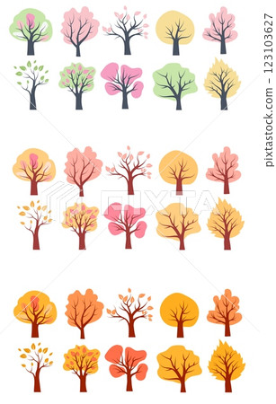 Autumn and spring tree illustrations showcasing seasonal changes in foliage and colors Autumn and spring tree illustrations showcasing seasonal changes in foliage and colors 123103627