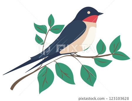 Colorful vector illustration of a bird perched on a branch with leaves in a bright and simple design Colorful vector illustration of a bird perched on a branch with leaves in a bright and simple design 123103628