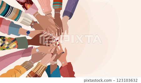 Hands stacked in a circle of group multicultural women. Diversity - inclusion - equality - girl power or empowerment concept. International women s day. Banner copy space 123103632