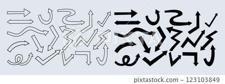 Simple linear Outline and silhouette black Directional Arrows Doodles. Sign Directions Curved Backward Set. Isolated Vector Hand Drawn. Concept pointer symbols for design, creative projects, 123103849