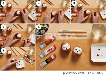 DIY and children's art. Step-by-step instructions: how to make cute owl Easter egg. 123103872