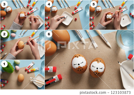 DIY and children's art. Step-by-step instructions: how to make cute owl Easter egg. 123103873