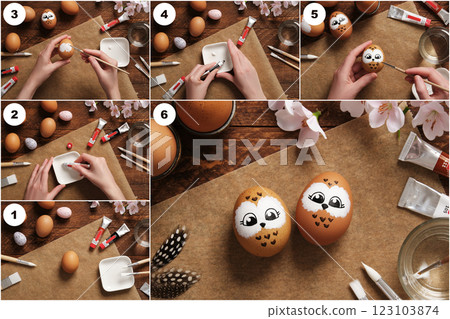DIY and children's art. Step-by-step instructions: how to make cute owl Easter egg. 123103874