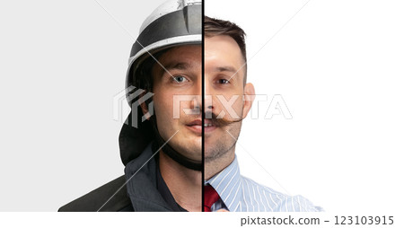 Collage. Half-faced portraits of men, businessman and firefighter isolated over white background 123103915