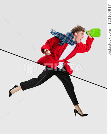 Collage. Cropped body parts. Sick young boy with femal legs on hills running isolated over white background 123103917