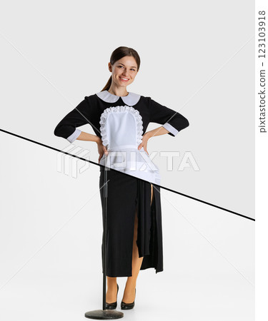 Collage. Cropped body parts. Young beautiful housemaid with female singer legs isolated over white background Collage. Cropped body parts. Young beautiful housemaid with female singer legs isolated over white background 123103918