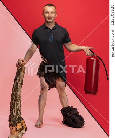 Collage. Cropped body parts of firefighter and man in character of neanderthal isolated over red and pink background 123103920