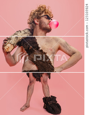 Collage. Cropped body parts of man in character of neanderthal posing isolated over pink background 123103924