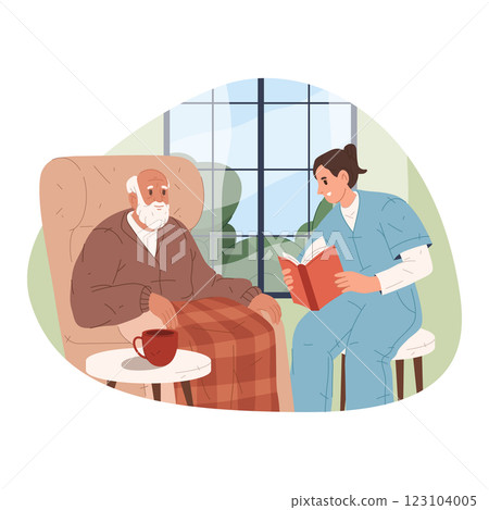 Nurse reading book to elderly man at nursery home. Vector illustration of healthcare worker providing companionship and care. Senior citizen enjoying literature and storytelling at retirement home. 123104005