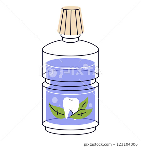 Mouth rinse or mouthwash liquid. Vector icon of oral care product for fresh breath and dental hygiene. Bottle for bathroom teeth cleaning routine, cavity protection, plaque prevention. Tooth health. Mouth rinse or mouthwash liquid. Vector icon of oral care product for fresh breath and dental hygiene. Bottle for bathroom teeth cleaning routine, cavity protection, plaque prevention. Tooth health. 123104006
