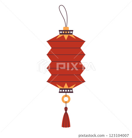 China holiday lantern or new year decoration. Vector Chinese lamp or traditional decoration. Korea and Singapore festoon. Isolated hanging decor or Asian embellishment. Festive and celebration. East. China holiday lantern or new year decoration. Vector Chinese lamp or traditional decoration. Korea and Singapore festoon. Isolated hanging decor or Asian embellishment. Festive and celebration. East. 123104007