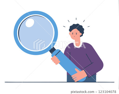 Young guy holding big magnifying glass. Explore research and information concept. Vector flat illustration Young guy holding big magnifying glass. Explore research and information concept. Vector flat illustration 123104078