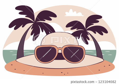 Summer hat and sunglasses on the sandy beach. Tropical landscape with palm trees 123104082