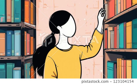 一位女士正在看書架上的書 123104154