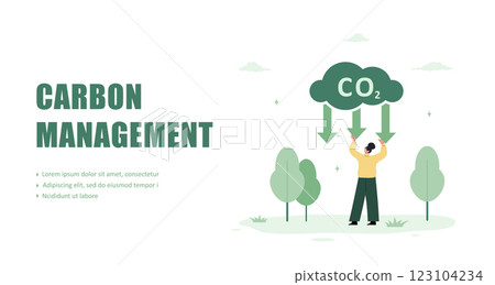 Carbon management. CO2 neutral. Net zero emissions and carbon dioxide balance. Climate change and sustainability. Vector illustration in flat cartoon style 123104234