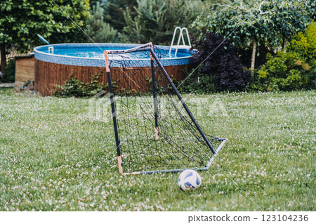 A backyard scene featuring a small soccer goal with a ball on a green lawn, set beside an above-ground swimming pool surrounded by trees. 123104236